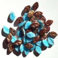 50 12mm Satin Light Blue & Copper Glass Leaf Beads